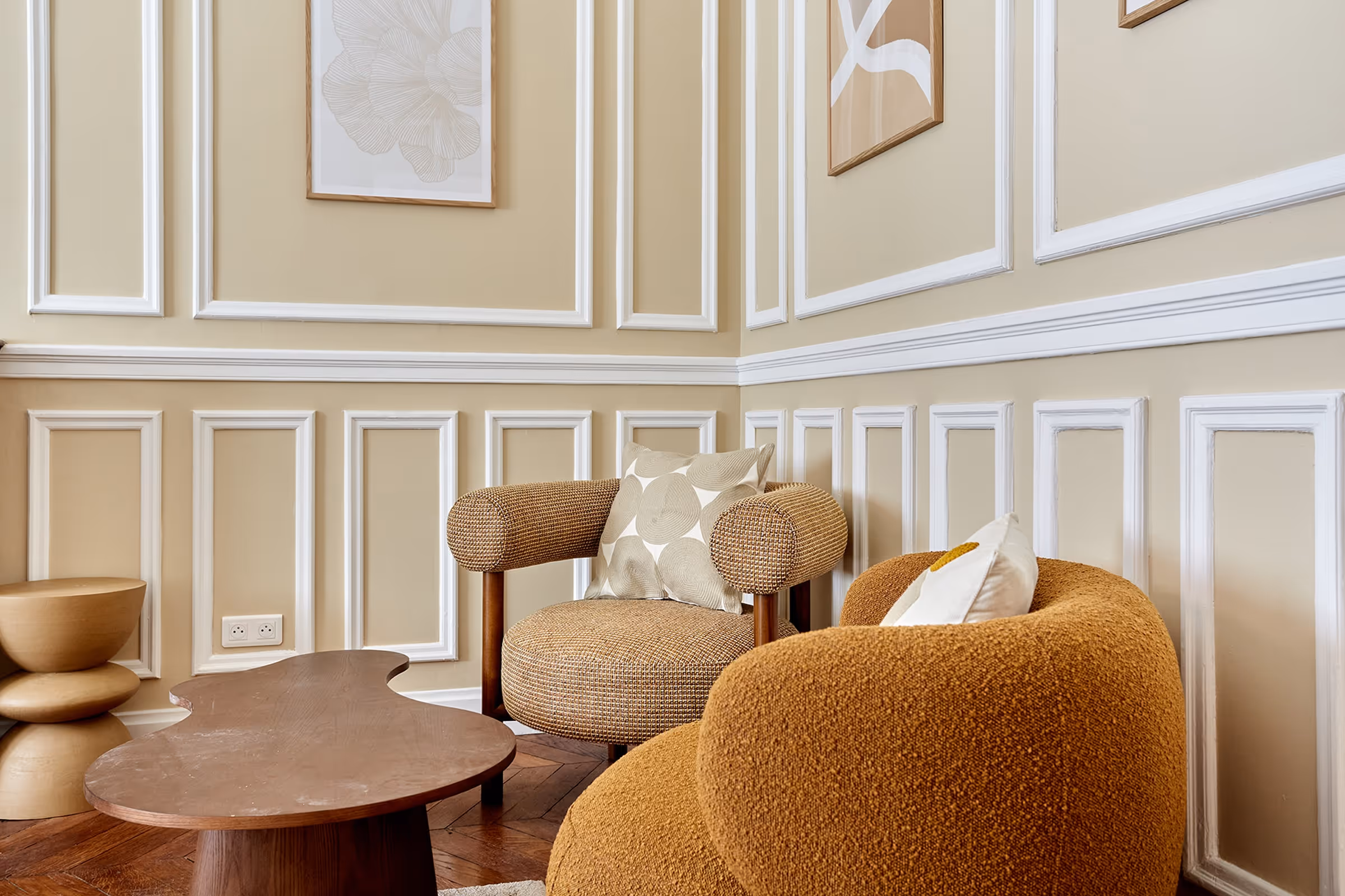 Architectural detailing and warm textured seating